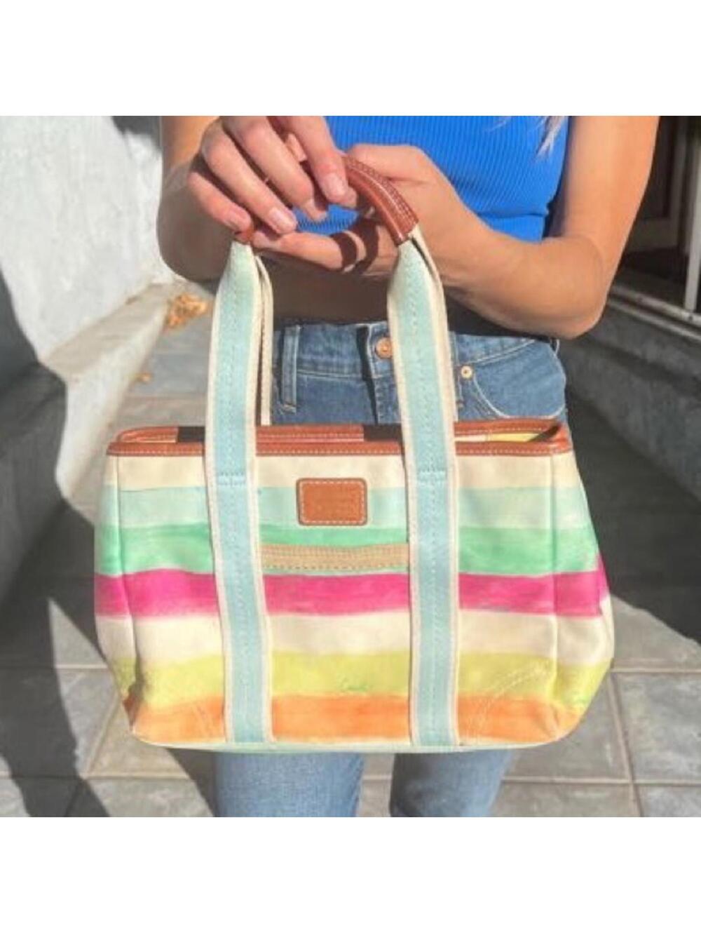 Y2K Coach Hampton’s Pastel Stripes Canvas Tote Bag Leather Trim - Picture 2 of 5